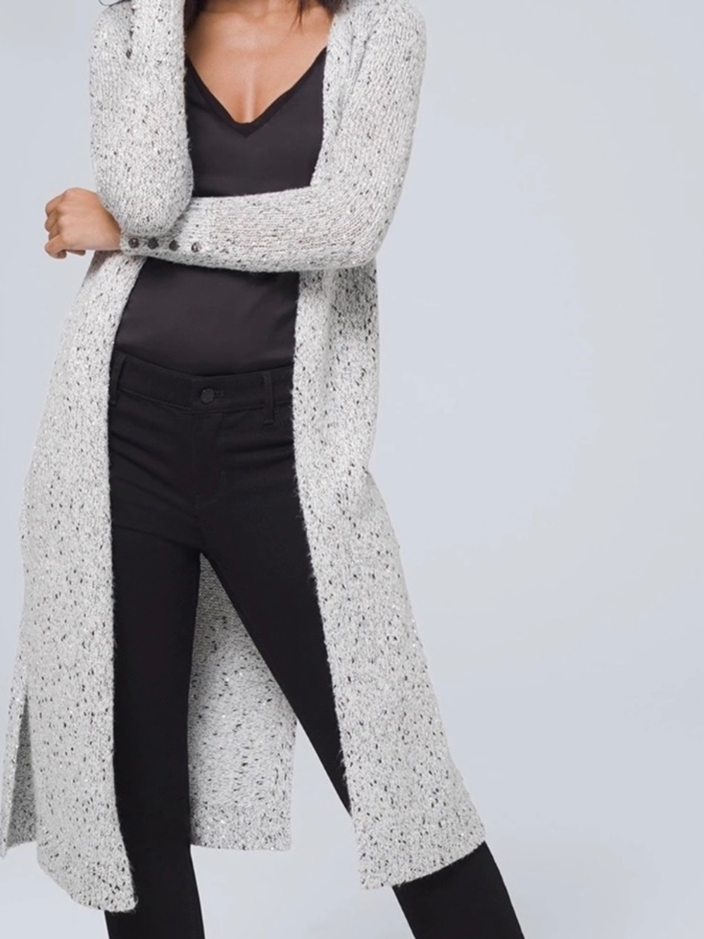WHBM Button Cuff Subtle Sequin Ivory/Gray/Black Long Sweater Cardigan Duster - M